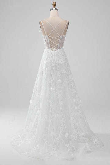 Elfenben A Line Spaghetti Remmar Applique Spets Korsett Bröllopsklänning med slits